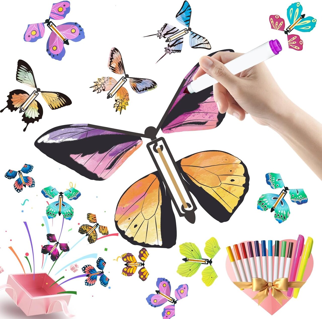 Painting Butterfly Activity Craft Kit for Kids, 24 Paper Butterflies and 12 Color Pens, Rubber Band Wind Up Butterfly Toy, Make Your Own Magic Flying Butterfly, Party Game,School Activity,Surprise Card